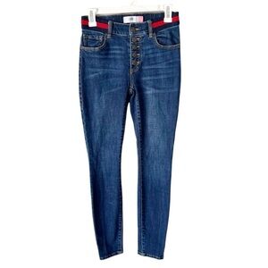 CAbi Jeans Women's 2 Simone Skinny Dark Wash Button Fly Tennis Prep Rugby Stripe